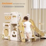 Kids Slide,4 in 1 Indoor Kids Slide,with Basketball Hoop, Basketball,Car head storage,1950mm Extra Long Slide,for Ages 18-36 Months(Beige-Brown) - Image 3