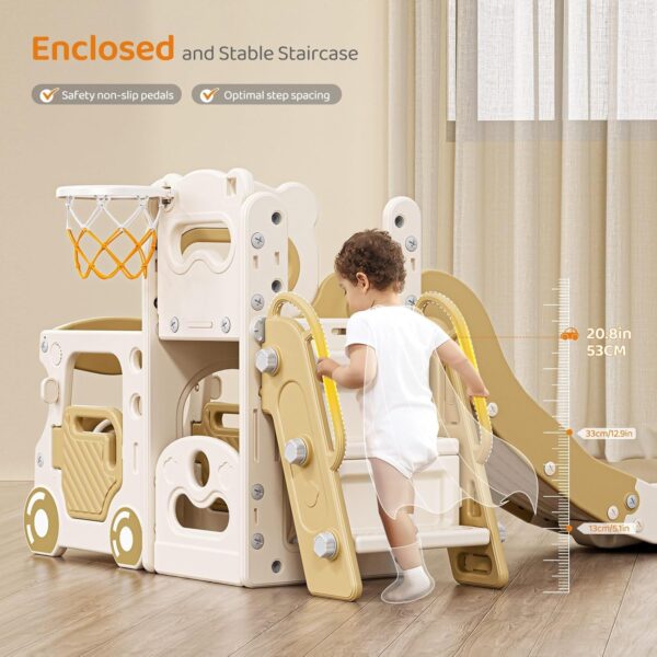 Kids Slide,4 in 1 Indoor Kids Slide,with Basketball Hoop, Basketball,Car head storage,1950mm Extra Long Slide,for Ages 18-36 Months(Beige-Brown) - Image 3