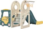 4-in-1 Kids Bus Playhouse Slide Set with Basketball Hoop & Climber, Indoor & Outdoor HDPE Play Center for Children Ages 3-8, Safe Non-Toxic Material, Easy Assembly (Green)