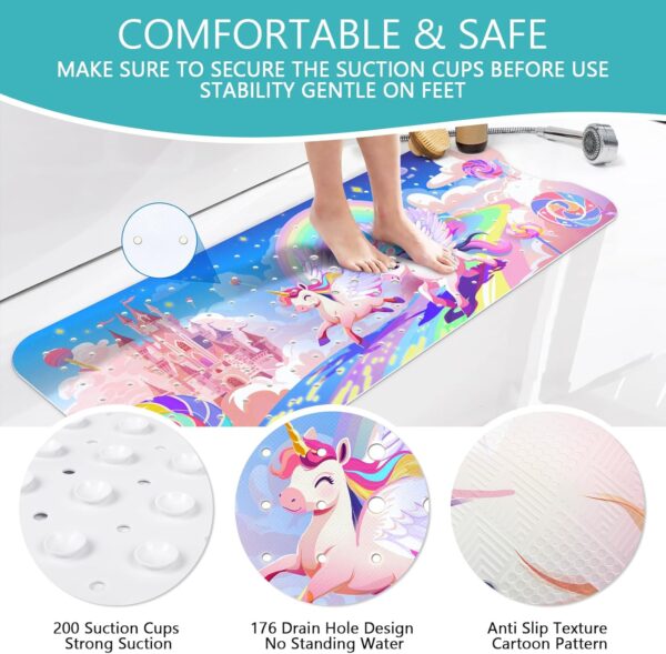 Baby Bath Mat for Tub Non Slip-40 X 16 Inch Extra Long Kids Bathtub Mat Non Slip, Upgrade Bath Tub Shower Mat Anti Slip with Suction Cups & Drain Holes for Bathroom, Machine Washable,Rainbow Unicorn - Image 4