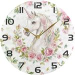 Ewusp Unicorns Flowers Wall Clock Battery Operated Silent Non-Ticking Clock Round Quartz Decorative Clock for Kitchen Living Room Bedroom Office School Nursery, 25x25 cm - Image 5