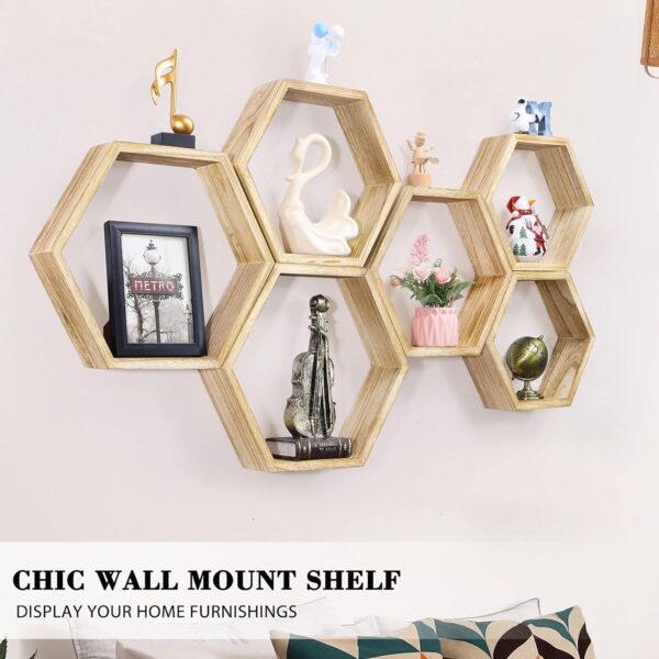 Hexagonal Floating Shelves Wall Mounted Set of 6 Wooden Hexagon Shelves Farmhouse Storage Honeycomb Wall Shelves Hexagon Hanging Shelves Rustic Geometric Wall Shelf for Nursery Bedroom Living Room - Image 5