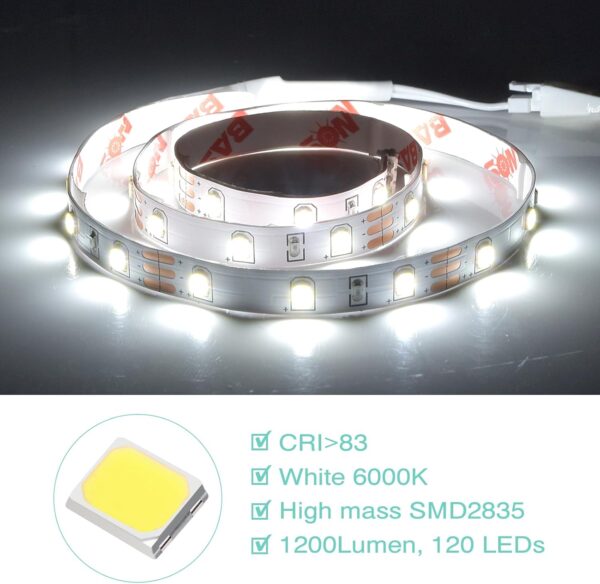 WOBANE LED Shelf Lights,Flexible LED Strip Lights with Switch,Display Lights for Cabinet,Showcase,Bookshelf,Pantry,Shelves,Cupboards,4 * 50cm 12v Strip Bars Set,120 LEDs,1200lm,6000K White - Image 2