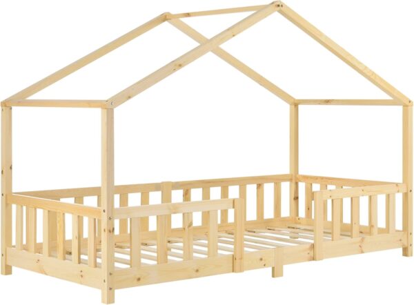 [en.casa] Children's bed Treviolo house bed 90 x 200 cm wooden bed for children with fall-out protection bed frame with slatted frame pine wood wood colours - Image 3