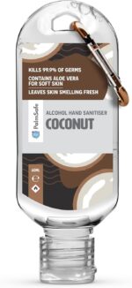 Palm Safe Coconut 60ml Anti Bacterial Premium Hand Sanitiser Travel Size Refillable Clip Bottle Quick Drying Non Sticky Extra Moisturising Kills 99.9% of Viruses and Bacteria