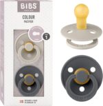 BIBS Colour Soother 2-Pack, BPA Free Dummy Pacifier, Round Nipple. Natural Rubber Latex, Made in Denmark. 0-6 Months (Pack of 2), Sand/Iron