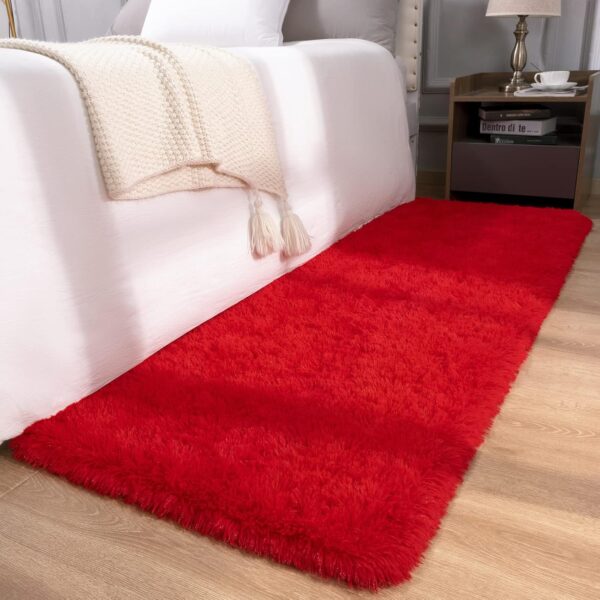 DETUM Red Rug 2x6 Feet - Fluffy Red Runner Rugs for Bedroom Shaggy 2' X 6' Living Room Rug Soft Rugs for Kids Room Non-Slip Nursery Office Dorm Washable Carpets Home Decor - Image 3
