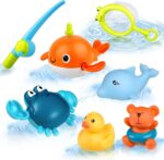 twoonto Baby Bath Toys, Wind Up Magnetic Fishing Games Squirt Bathroom Toys with Fishing Net, Floating Pool Bathtub Toys, Montessori Toys for Toddlers, Boys, Girls (Style A)