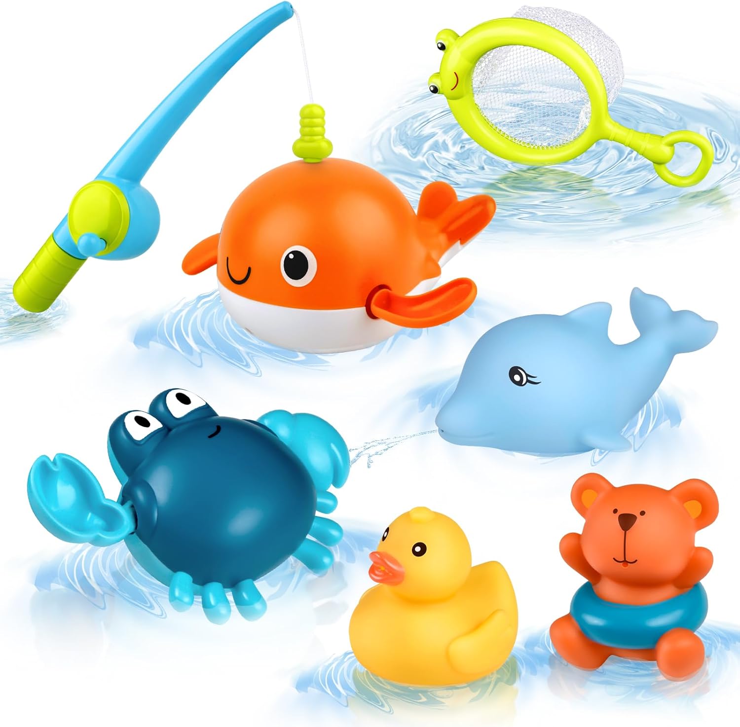71QP2sZKTHL._AC_SL1500_.jpg twoonto Baby Bath Toys, Wind Up Magnetic Fishing Games Squirt Bathroom Toys with Fishing Net, Floating Pool Bathtub Toys, Montessori Toys for Toddlers, Boys, Girls (Style A) - Image 1