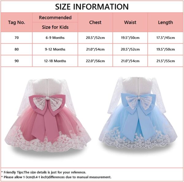WOCINL Baby Girls Christening Long Sleeve Lace Bowknot Dresses Princess Wedding Birthday Pageant Party Baptism Tutu Gown - Image 7