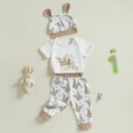 MAHUAOYIXI Toddler Baby Easter Outfits Newborn Baby Boys Clothes Bunny Print Long Sleeves Romper and Truck Carrot Print Pants and Hat Infant Boys 3Pcs Clothing Set - Image 2