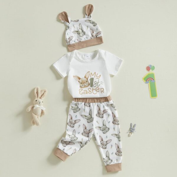 MAHUAOYIXI Toddler Baby Easter Outfits Newborn Baby Boys Clothes Bunny Print Long Sleeves Romper and Truck Carrot Print Pants and Hat Infant Boys 3Pcs Clothing Set - Image 2