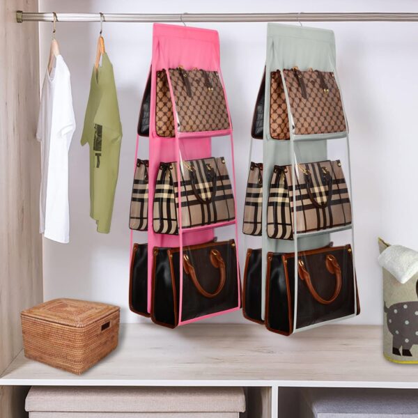 Lirex Medium and Large Handbag Hanging Organizer, 6 Pockets Foldable Hanging Purse Organizer Oxford Cloth Handbag Storage Hanger Universal Fit Closet Organizer for Family Closet Bedroom, Grey - Image 6