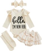 YILEEGOO Newborn Baby Girl Outfit Long Sleeve Hello I'M NEW HERE Romper Bloomers Tutu Skirt Socks Headband Set 4Pcs Clothes