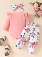 Edhomenn Baby Girls 3 Piece Fall Outfit Long Sleeve Romper and Floral Long Pants with Bow Headband - Image 3