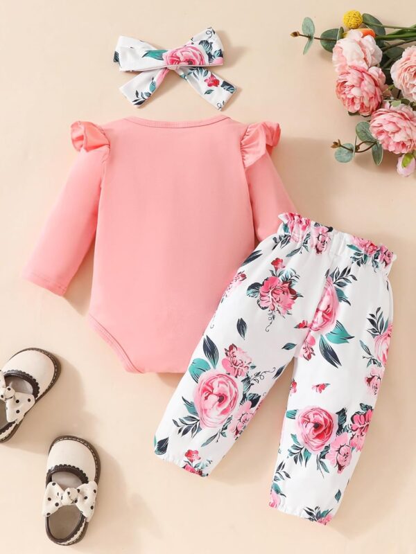 Edhomenn Baby Girls 3 Piece Fall Outfit Long Sleeve Romper and Floral Long Pants with Bow Headband - Image 3