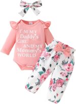 Edhomenn Baby Girls 3 Piece Fall Outfit Long Sleeve Romper and Floral Long Pants with Bow Headband