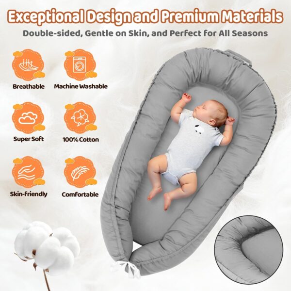 Baby Lounger - Baby Lounger for Newborn, 0-24 Months Baby Nest Breathable & Soft Portable Infant Lounger, Co Sleeper for Baby in Bed Floor Seat, Baby Essentials Gifts for Home and Travel- Little Grey - Image 3