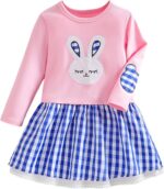 Trsenvrml Baby Girls Easter Dresses for Kids Cotton Long Sleeve Bunny Dress Toddler Causal Plaid Dresses