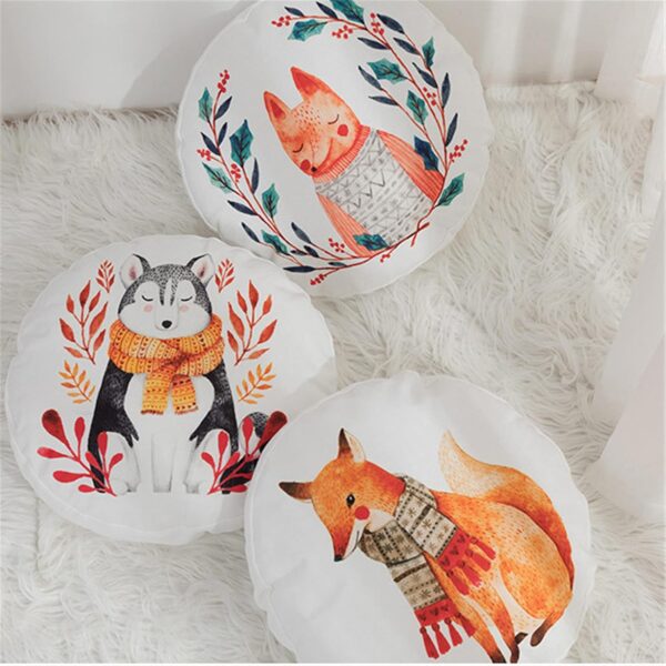 YT-KOKE Cartoon Fox Round Throw Pillow Cover, Linen Round Pillow Case, Cute Animals Printed Decorative Round Cushion Cover for Boys and Girls Nursery (E) - Image 3