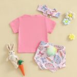 Geagodelia Newborn Baby Girl My First Easter Outfit Bunny Bow Print Short Sleeve T-Shirt Top and Pompom Bloomers Easter Baby Clothes Set with Headband - Image 3