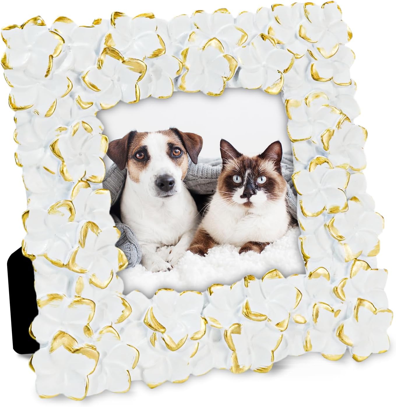 71SzsElwwL._AC_SL1500_.jpg Hiwhy 10x10 CM Flowers Photo Frame 4x4 Inch for Pets Pictures Baby Photos, Table Top or Wall Mount, White and Gold - Image 1