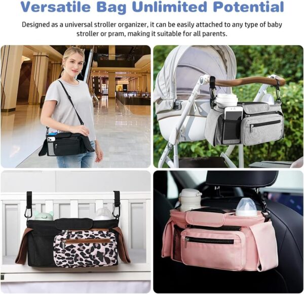 Tyuodna Baby Pram Bag Stroller,Universal Stroller Bag with 2 Insulated Cup Holder,Large Capacity Baby Bag Organiser,Buggy Organiser Bag with Shoulder Strap&Non-Slip Secure Hooks (Leopard Print) - Image 4