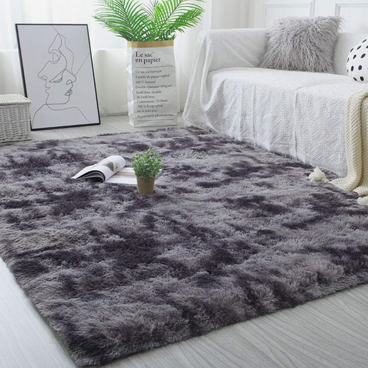 71TunLG2UWL._AC_SL1200_.jpg Tinyboy-hbq Area Rugs Large Living Room Rug Soft Bedroom Carpet Anti Slip Fluffy Rugs Shaggy Indoor Nursery Kids Rug Mat Soft Floor Mat Furry Plush Rug for Home Decor (Black gray, 160 * 200cm) - Image 1