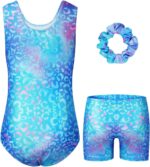 JiAmy Gymnastics Leotards for Girls, 3Pcs Sleeveless Athletic Outfit Sparkly Dance Unitards with Shorts Ballet Biketards 3-12 Years - Image 2