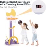 Maxmass 4 in 1 Kids Basketball Hoop Set, 9 Levels Toddler Basketball Stand with Electronic Scoreboard, Soccer Goal, Ring Toss, Golf Set, Kids Sports Activity Center for Boys Girls (Purple+Yellow) - Image 4