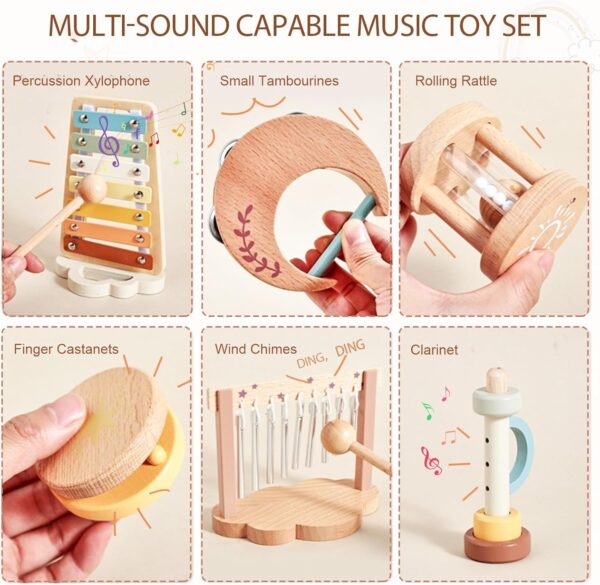 Smartwo Kids Musical Instruments, Wooden Montessori Music Toy Set for Toddler 1 2 3 Years Old, Baby Xylophone Tambourine Rattle Trumpet Wind Chime, Gift for Boys Girls - Image 2