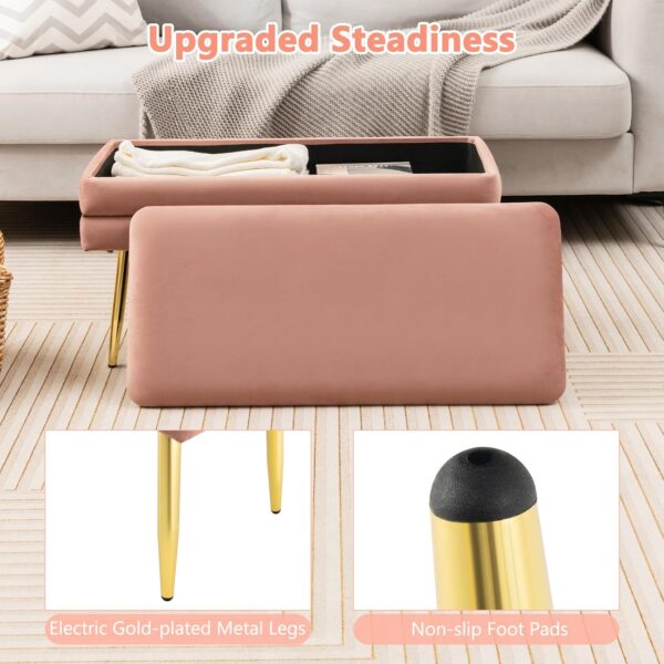 COSTWAY Storage Ottoman with Removable Top, Velvet Upholstered Storage Bench with Compartment & Gold Metal Legs, Modern Rectangular Footstool for Bedroom Living Room (Pink) - Image 6