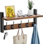 VITVITI Coat Rack Wall Mount with Shelf,Wood Entryway Coat Hanger with 5 Metal Hooks,Farmhouse Hat Coat Rack for Wall Living Room/Bathroom/Kitchen,Rustic Brwon