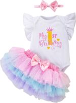 Winmany Baby Girl First Birthday Clothes 3PCS Bow Headband My 1st Birthday Romper Tutu Skirt Cake Smash Outfit Set for Photo Shoot