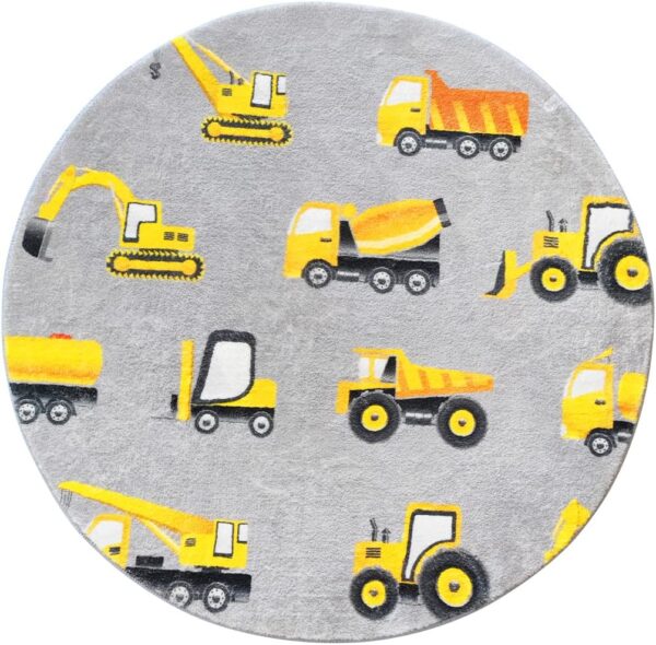 Poowe Round Construction Trucks Kids Area Rug Soft Fluffy Kids Construction Rugs for Playroom Nonslip Digger Nursery Rug for Boys Room,4FT - Image 2