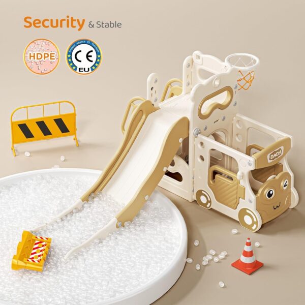 Kids Slide,4 in 1 Indoor Kids Slide,with Basketball Hoop, Basketball,Car head storage,1950mm Extra Long Slide,for Ages 18-36 Months(Beige-Brown) - Image 5