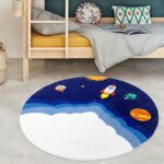 USTIDE Cute Kids Rug Outer Space Rug Universe Galaxy Rug Dark Blue Round Rug with Airship Rocket Soft Non Slip Carpet For Living Room Kids Bedroom Playroom Nursery, 120cm - Image 5