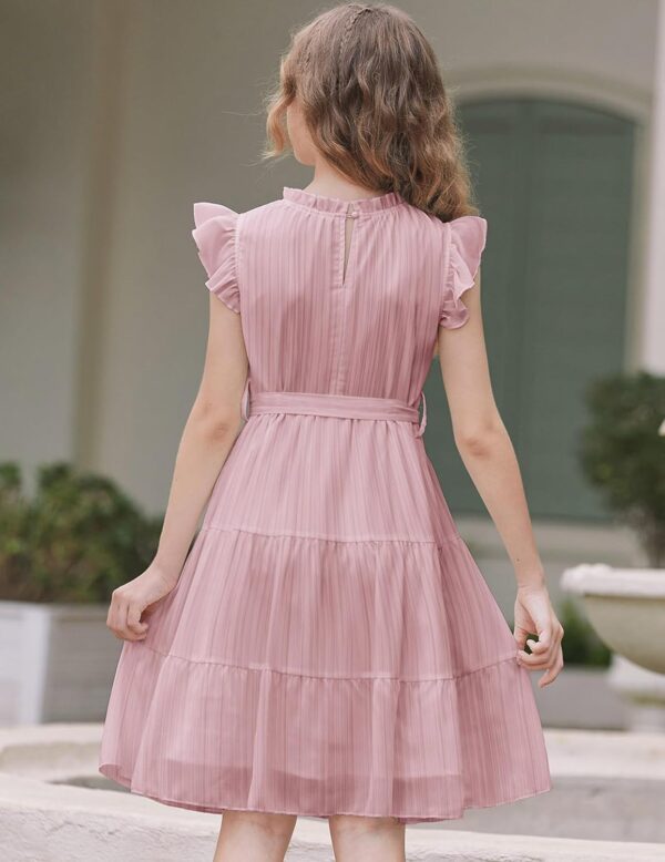 Arshiner Girls Dresses Ruffle Sleeve Summer Dress Ruffle Neck Chiffon Dress Solid Color Children's Dress Elegant A Line Party Dress Children Festive Dress with Belt 5-13 Years - Image 5