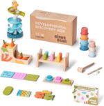Giant bean Montessori Toys Set for Baby 12-18 Month, 8-in-1 Wooden Learning Toys with Ball Drop Roll Tower, Multifunctional Object Permanence Box, Hammer, Shape Sorting Stacking Cube Cups, Gift for 1+