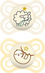 MAM Perfect Night Soothers 2-6 Months (Pack of 2), Thinner and Softer Baby Soother, Glow in the Dark Soother with Self Sterilising Travel Case, Newborn Essentials, White (Designs May Vary)