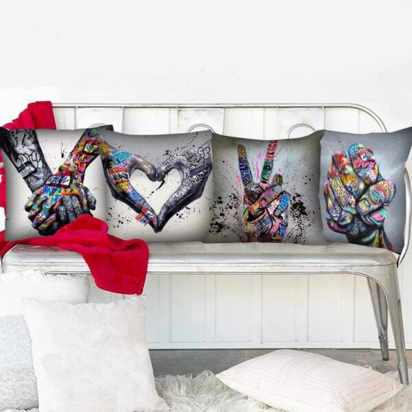 Tucocoo Graffiti Cushion Covers Decorative 18 x 18 Inch 4 Pack Banksy Street Art Pillow Covers Fist Inspirational Finger Throw Pillow Hands Pillow Cases for Couch Sofa Living Room - Image 2