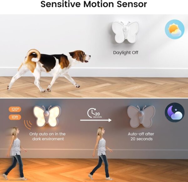 SIBI LIGHTING Motion Sensor Light, Rechargeable Butterfly Night Light with Auto/ON/Off and Removable Magnet, Stick on Lights for Kids, Bedroom, Stair, Hallway - Image 3