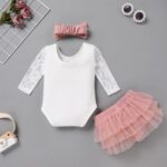 FYMNSI Baby Girls 1st Birthday Photo Shooting Outfit Floral Lace Long Sleeve Romper + Tutu Skirt + Bowknot Headband 3pcs Set - Image 3