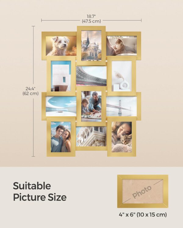 SONGMICS Collage Picture Frames, 12 Frames for 4x6 Photos, Collage Photo Frames for Wall, Multi Frames, Wall Decor, Pale Gold RPF026A01 - Image 5