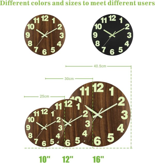 Plumeet Night Light Wall Clock, 12 Inch Wooden Glow in the Dark Clock for Bedroom, Silent Lighted up Wall Clock Luminous Numerals and Hands, Battery Operated for Living Room/Kitchen, Brown - Image 7