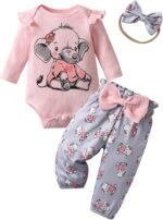 Planooar Baby Girl Clothes Outfit Ruffle Elephant Print Long Sleeve Tops+ Pants + Headband