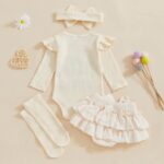 YILEEGOO Newborn Baby Girl Outfit Long Sleeve Hello I'M NEW HERE Romper Bloomers Tutu Skirt Socks Headband Set 4Pcs Clothes - Image 3