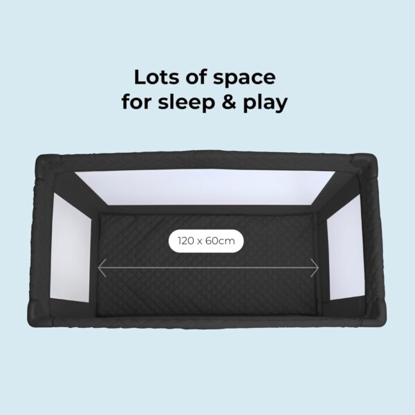 My Babiie Travel Cot - Lightweight, From Birth to 15kg, Easy Fold & Compact, Travel Bag, 120cm x 60cm Padded Mattress - Quilted Black - Image 3