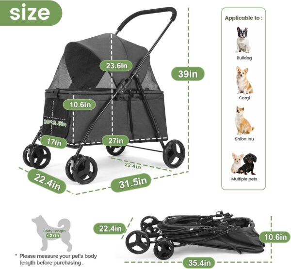 AESRAOU Dog Travel Stroller with 4 Heavy Duty Wheels, Foldable Pet Stroller with Adjustable Handle - Double Doggie Capacity Jogger Wagon with Back Front Door for Small Medium Dogs (Black) - Image 2