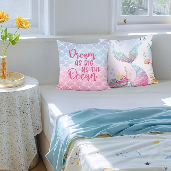 Bonhause Mermaid Tail Cushion Covers 45 x 45 cm Starfish Seashell Decorative Throw Pillow Covers Pink Purple Pillowcases for Kids Girls Bedroom Nursery Room Home Decor Set of 2 - Image 3